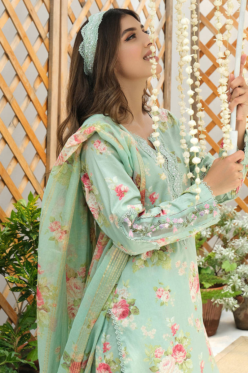 Unstitched Farida Hassan Printed Lawn Aqua Floral Suit