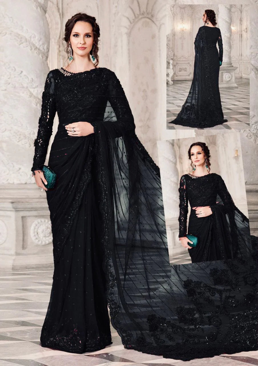 Maria B Black Saree Wedding Collection Chiffon Fabric