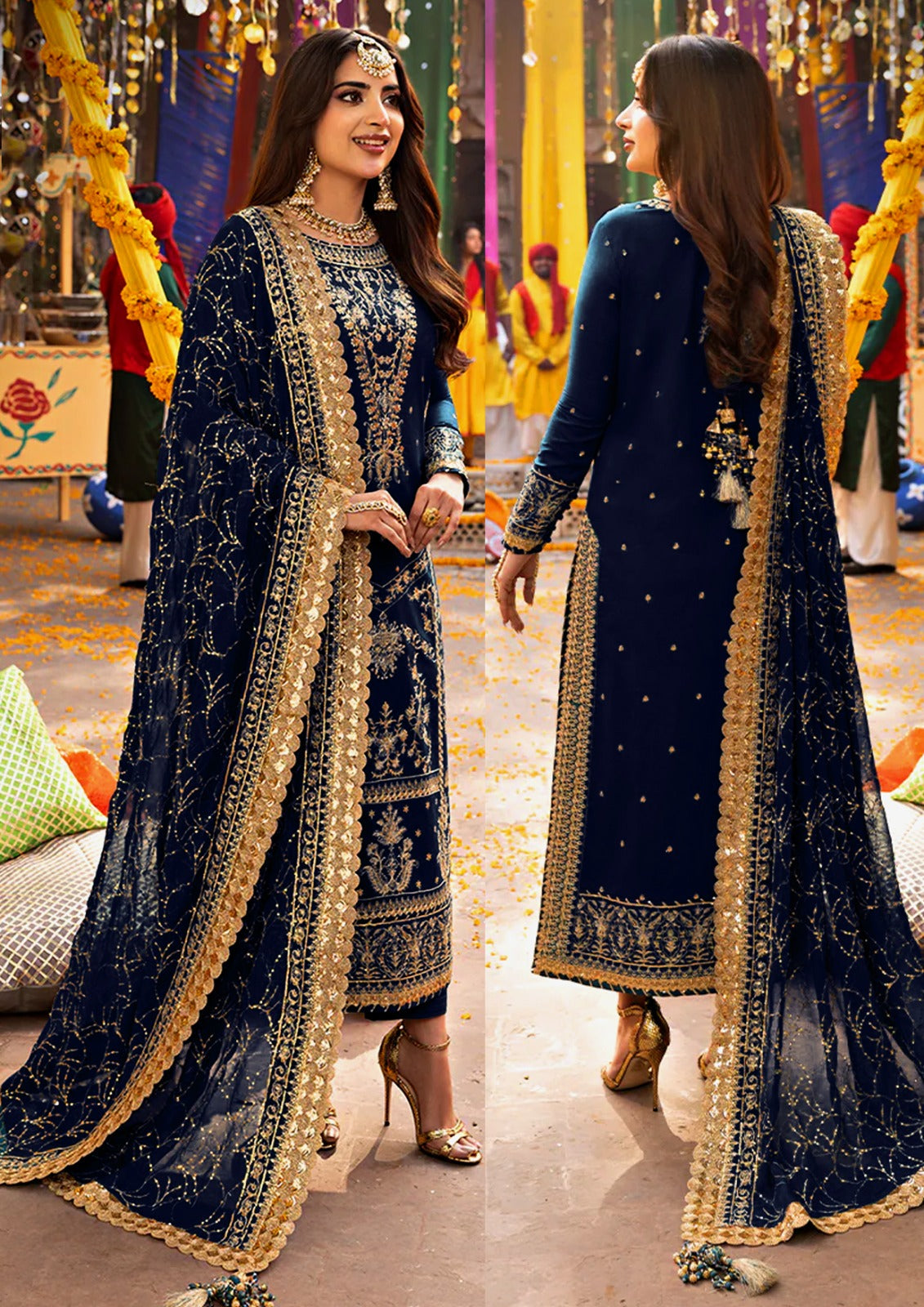 ASIM JOFA EMBROIDERED CHIFFON COLLECTION 3 PCS SUIT NAVY BLUE (UNSTITCHED)