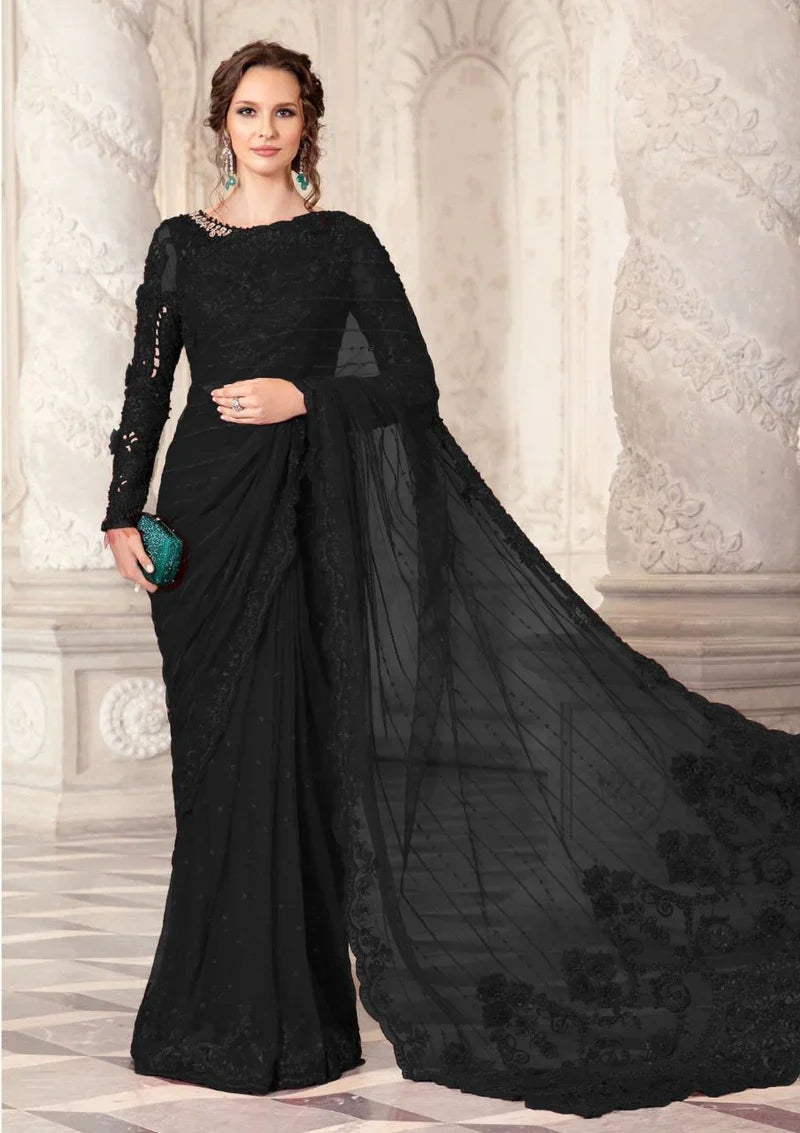 Maria B Black Saree Wedding Collection Chiffon Fabric