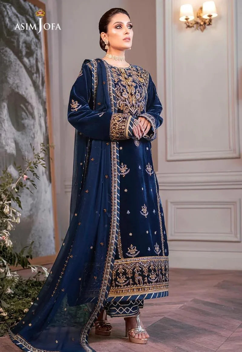 Asim Jofa Blue Luxury Velvet Dress Embroidered 3 Piece Unstitched