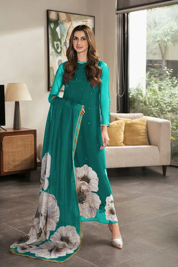 Unstitched Lulusar Green 3PC Silk Suit