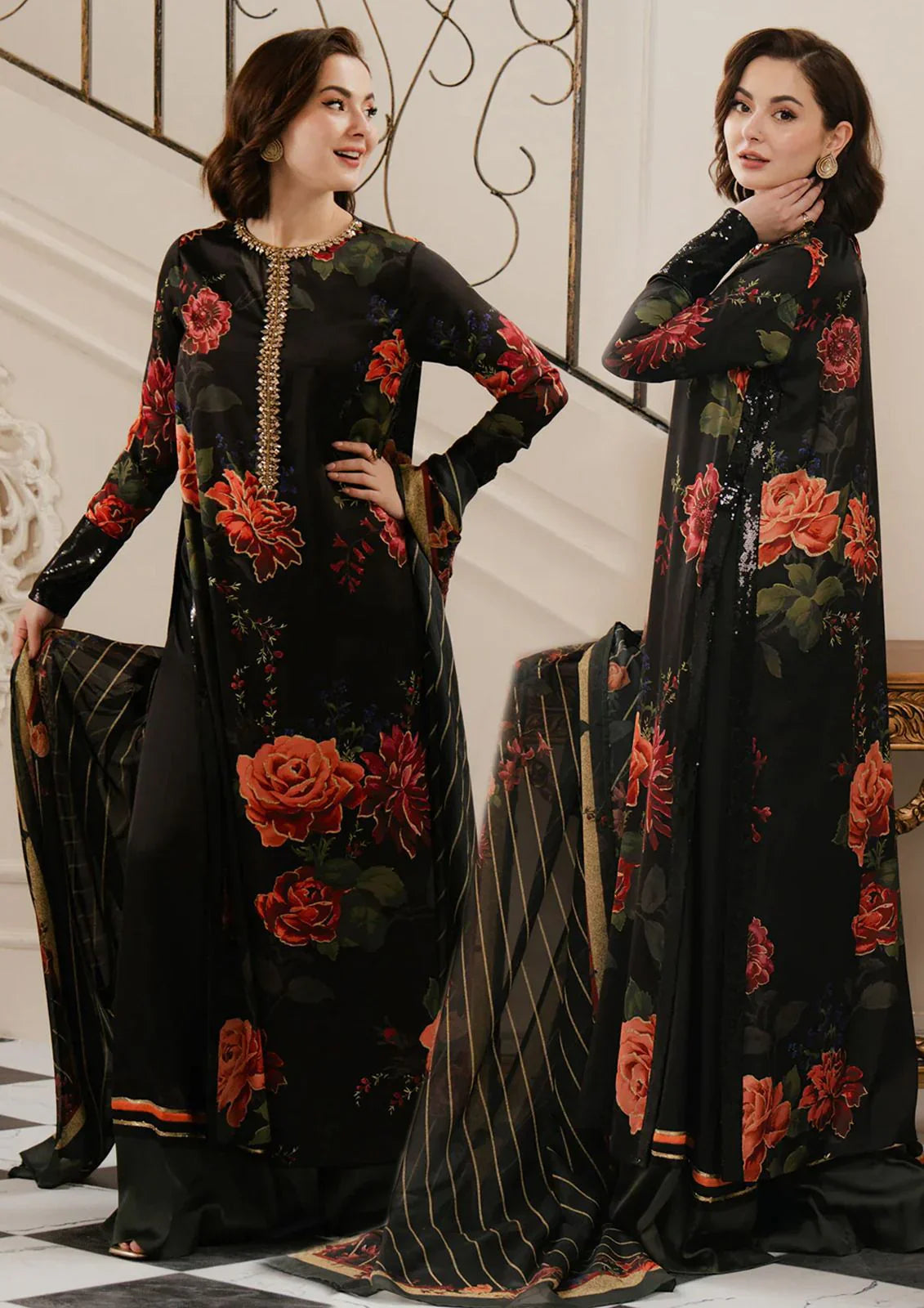 Lulusar - Black Rose Uznir Silk 3-Piece Unstitched Suit