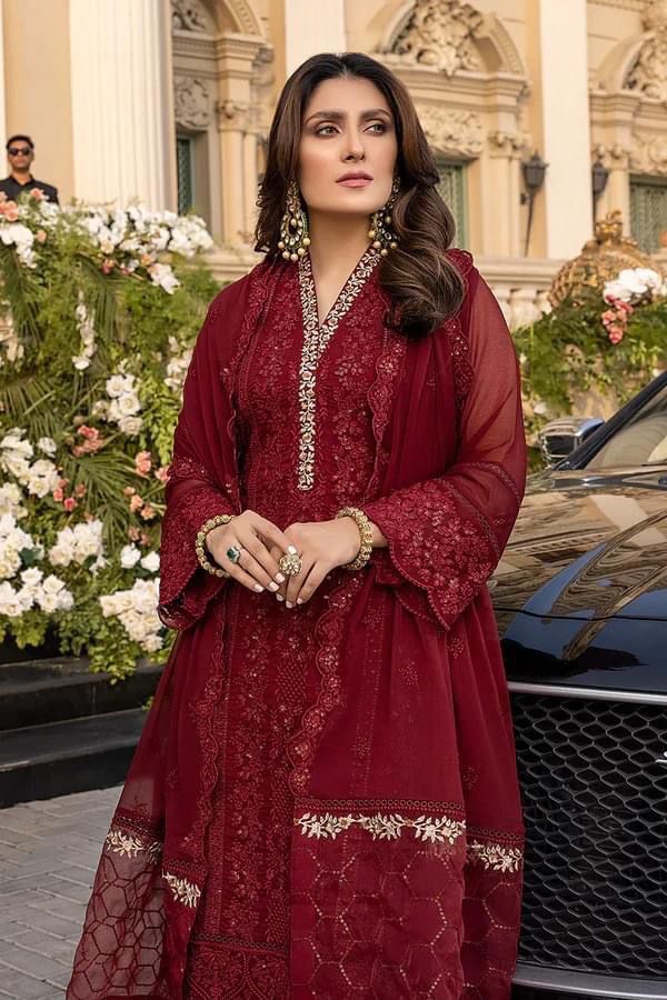 Unstitched Azure Red Chiffon Luxury With Net Dupatta 3pc