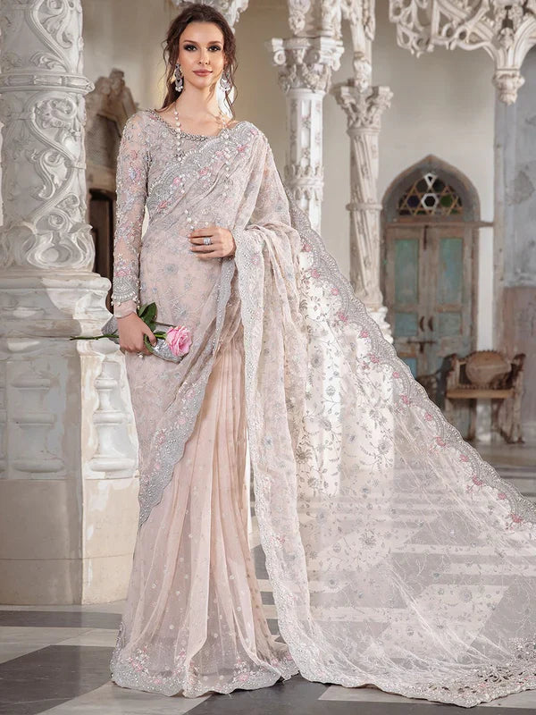 Unstitched Maria B Couture Embroidered Net Saree 3PC