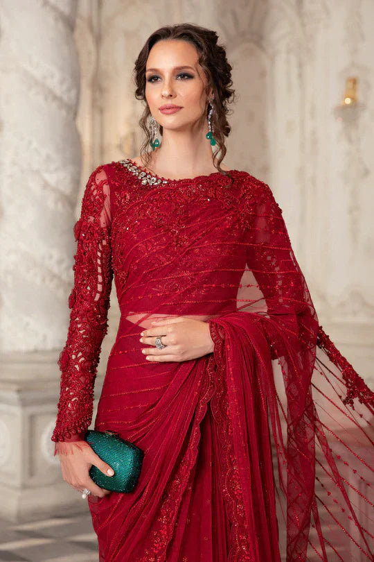 Red Embroidered Unstitched Soft Net Saree - Party Wear