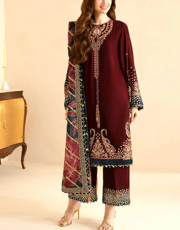 Formal Embroidered Maroon Velvet Dress 2024 with Emb. Organza Dupatta